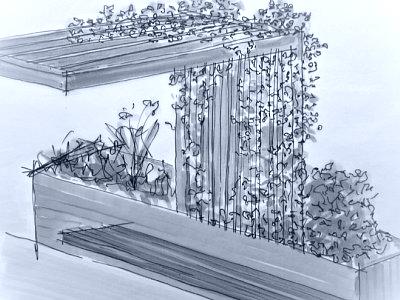 Skizze Sichtschutz Holzgerüst mit Kletterpflanze